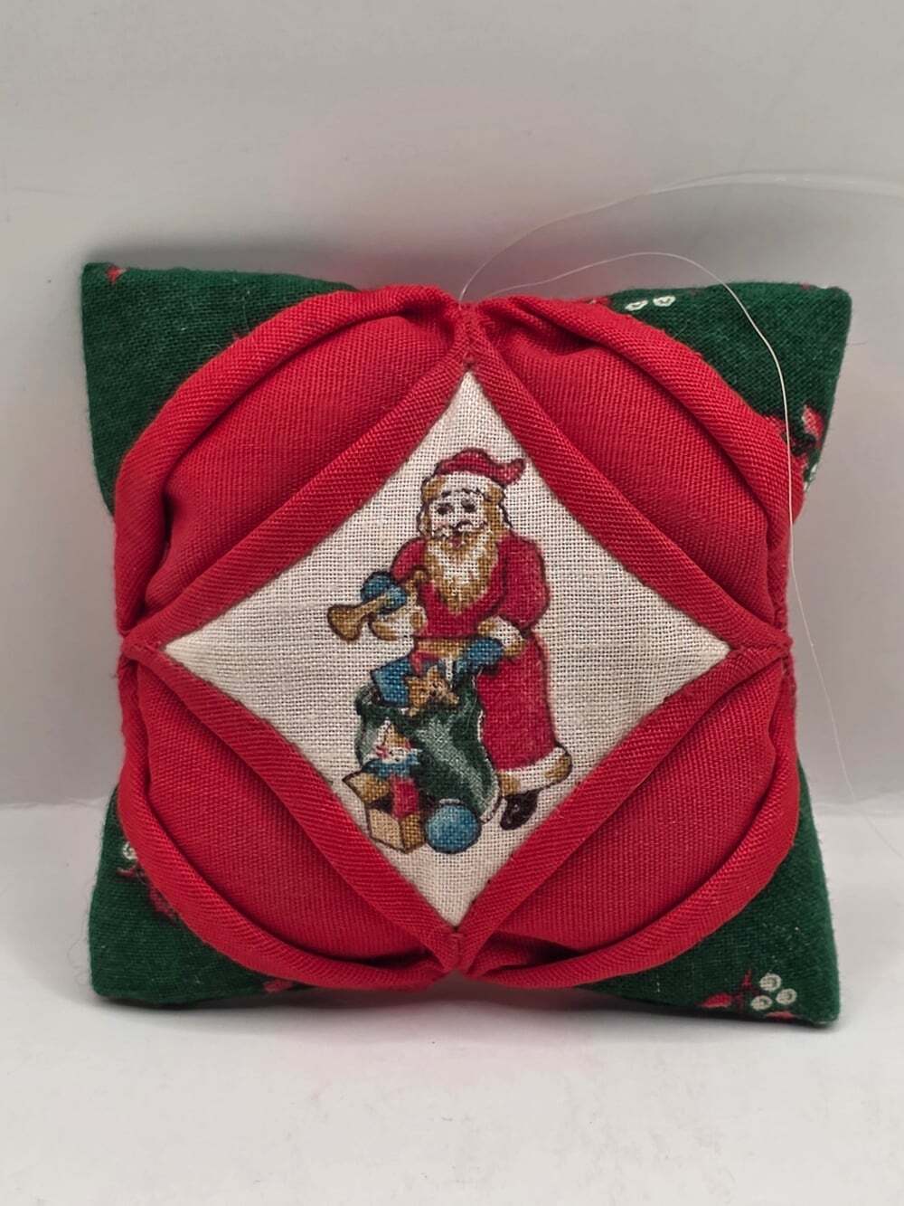 Fabric Santa Claus Christmas Ornament Quilted Mini Pillow Red Green